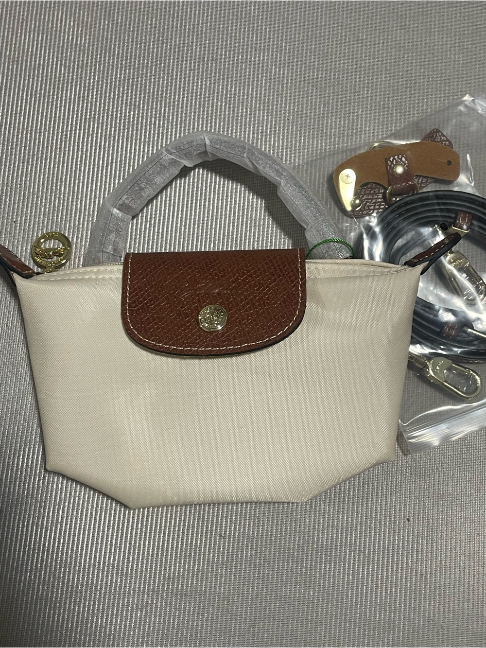 Longchamp Mini Top-Handle Bag in Cream with Brown Trim and Gold Hardware